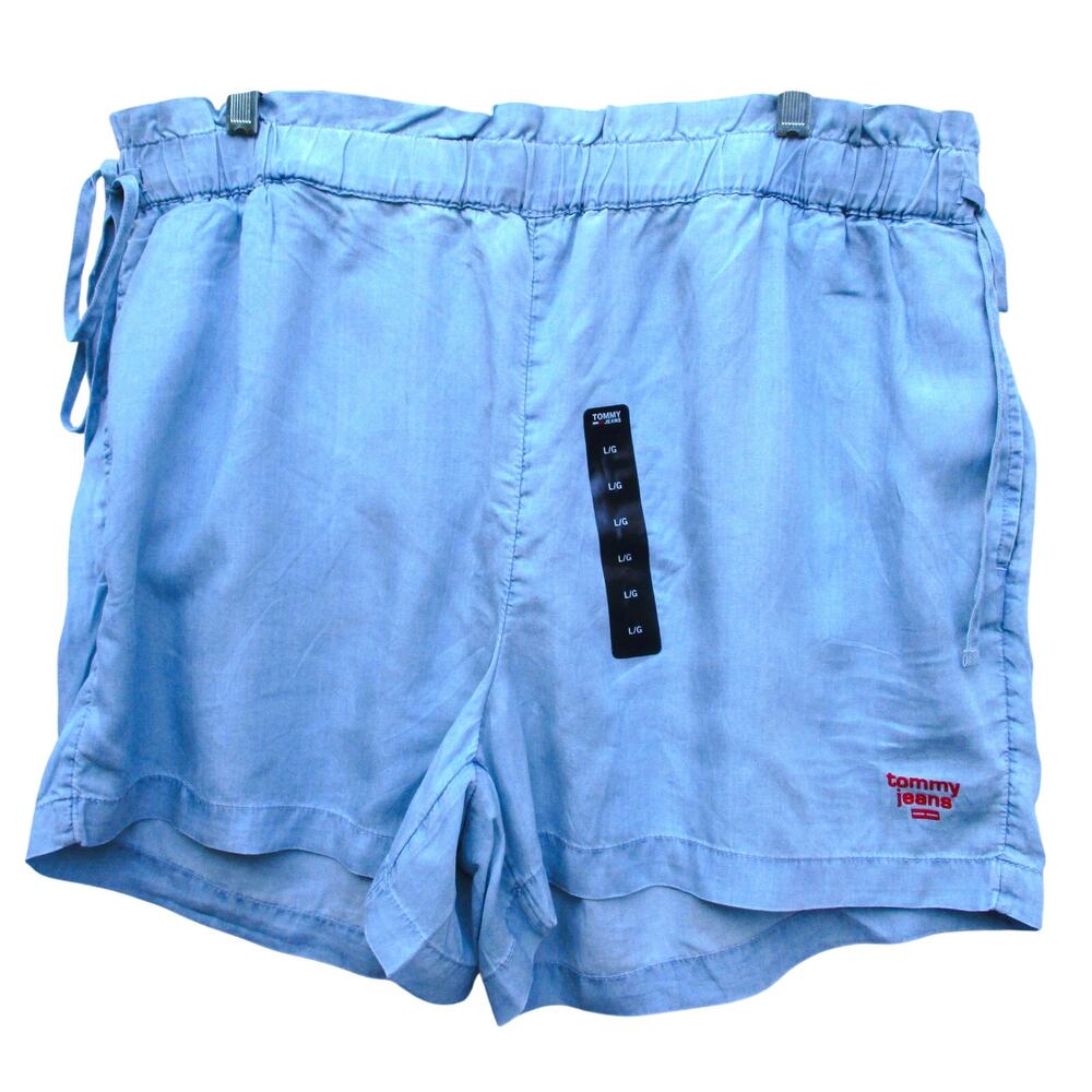 Nwt TOMMY JEANS Hilfiger Pull-On Paper Bag Shorts Light Denim Wash Women Large